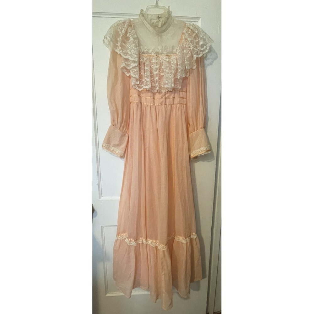 70s Candi Jones California Prairie Dress Maxi Small Peach Lace High Neck Long